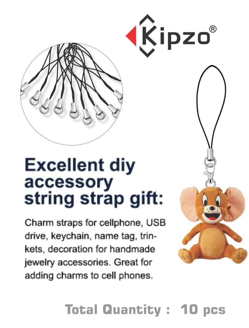 KIPZO® Silver Metal Phone Charm Thread Hanging String Rope Cord Nylon Black with Jump Ring Pack of 10 pcs Clasp for Cell Phone Cover Keyring Pendrive DIY Jewellery Straps with Zip Carry case Pouch - Image 2