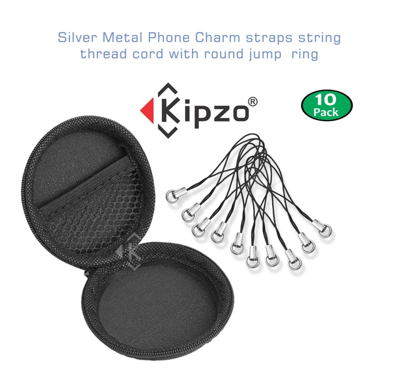 KIPZO® Silver Metal Phone Charm Thread Hanging String Rope Cord Nylon Black with Jump Ring Pack of 10 pcs Clasp for Cell Phone Cover Keyring Pendrive DIY Jewellery Straps with Zip Carry case Pouch - Image 4