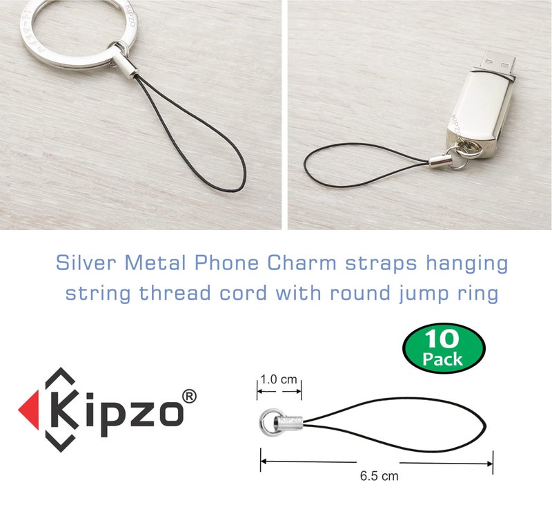 KIPZO® Silver Metal Phone Charm Thread Hanging String Rope Cord Nylon Black with Jump Ring Pack of 10 pcs Clasp for Cell Phone Cover Keyring Pendrive DIY Jewellery Straps with Zip Carry case Pouch - Image 3