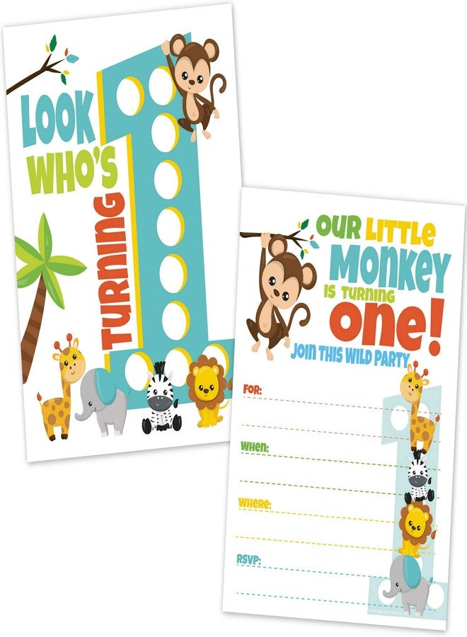 أولد بلو دور إنفايتس دعوات عيد الميلاد الأول للأولاد والبنات بطابع السفاري - دعوات عيد الميلاد الأول بطابع حيوانات حديقة الحيوان (20 دعوة مع أظرف) - Image 1