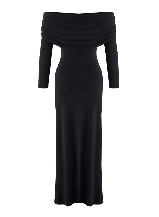 trendyol Limited Edition Black Shirred Carmen Neckline Stretchy Maxi Knitted Dress - Image 5