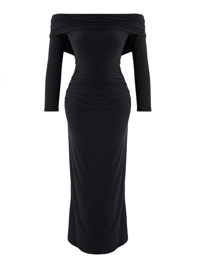 trendyol Limited Edition Black Shirred Carmen Neckline Stretchy Maxi Knitted Dress - Image 4