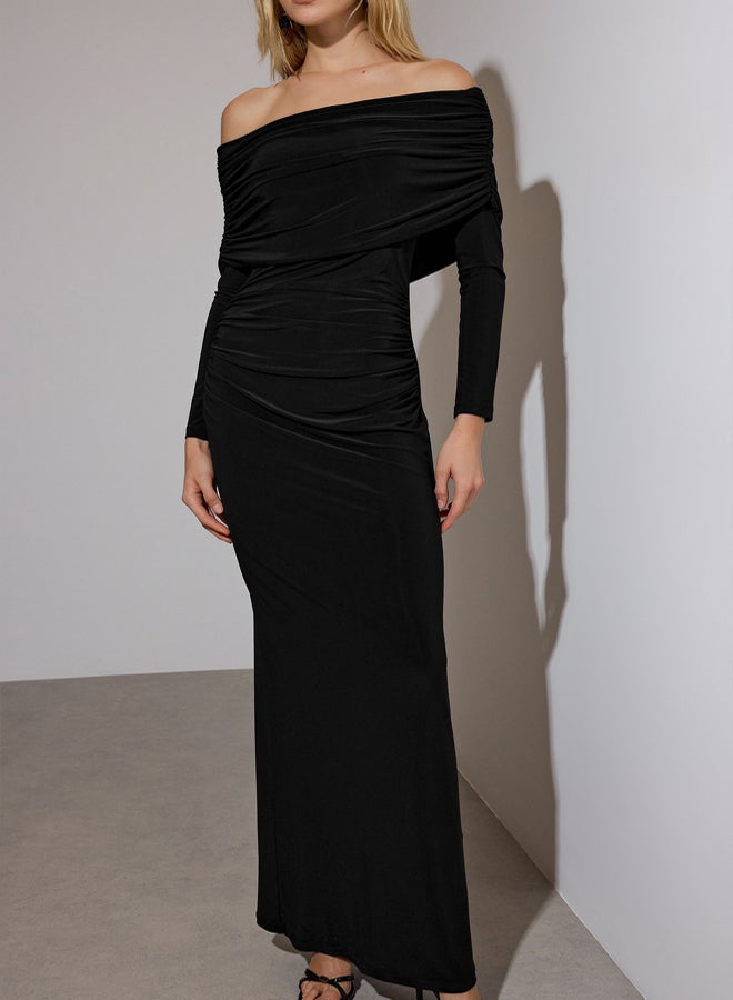 trendyol Limited Edition Black Shirred Carmen Neckline Stretchy Maxi Knitted Dress - Image 3