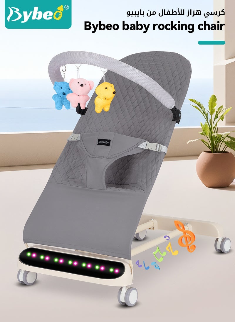 بيبو كرسي هزاز للرضع، أرجوحة محمولة للرضع، كرسي هزاز متين للأطفال الرضع، مزود بحزام أمان ثلاثي النقاط، 4 مستويات ارتفاع قابلة للتعديل، عجلات، رف الألعاب، وتقنية البلوتوث - Image 2