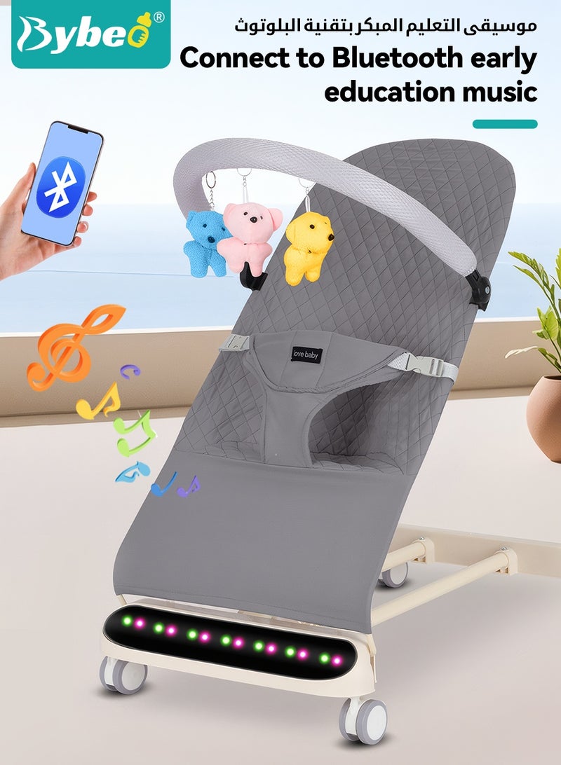 بيبو كرسي هزاز للرضع، أرجوحة محمولة للرضع، كرسي هزاز متين للأطفال الرضع، مزود بحزام أمان ثلاثي النقاط، 4 مستويات ارتفاع قابلة للتعديل، عجلات، رف الألعاب، وتقنية البلوتوث - Image 5