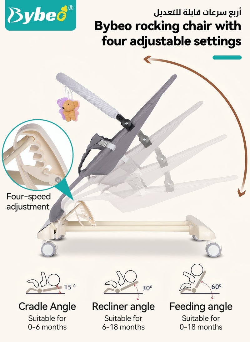 بيبو كرسي هزاز للرضع، أرجوحة محمولة للرضع، كرسي هزاز متين للأطفال الرضع، مزود بحزام أمان ثلاثي النقاط، 4 مستويات ارتفاع قابلة للتعديل، عجلات، رف الألعاب، وتقنية البلوتوث - Image 3