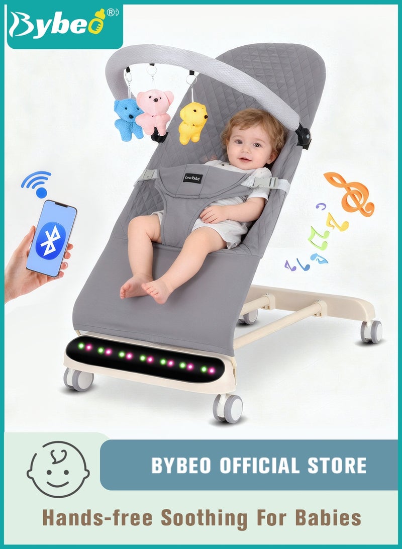 بيبو كرسي هزاز للرضع، أرجوحة محمولة للرضع، كرسي هزاز متين للأطفال الرضع، مزود بحزام أمان ثلاثي النقاط، 4 مستويات ارتفاع قابلة للتعديل، عجلات، رف الألعاب، وتقنية البلوتوث - Image 1