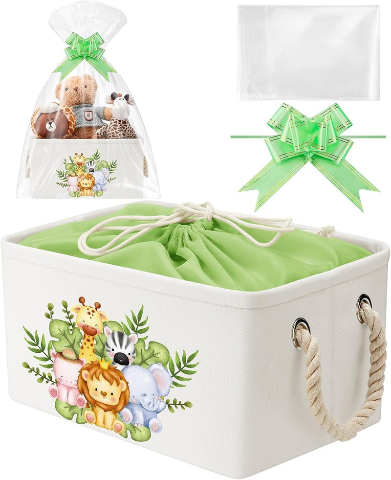 Pickmesh Baby Shower Storage Basket with Gift Bags Rectangular Ribbons Collapsible Canvas Storage Bin with Handles for Diaper Organizing Toy Home DIY Gift Basket 13 x 9 1 x 7 1 InchJungle Theme - Image 1