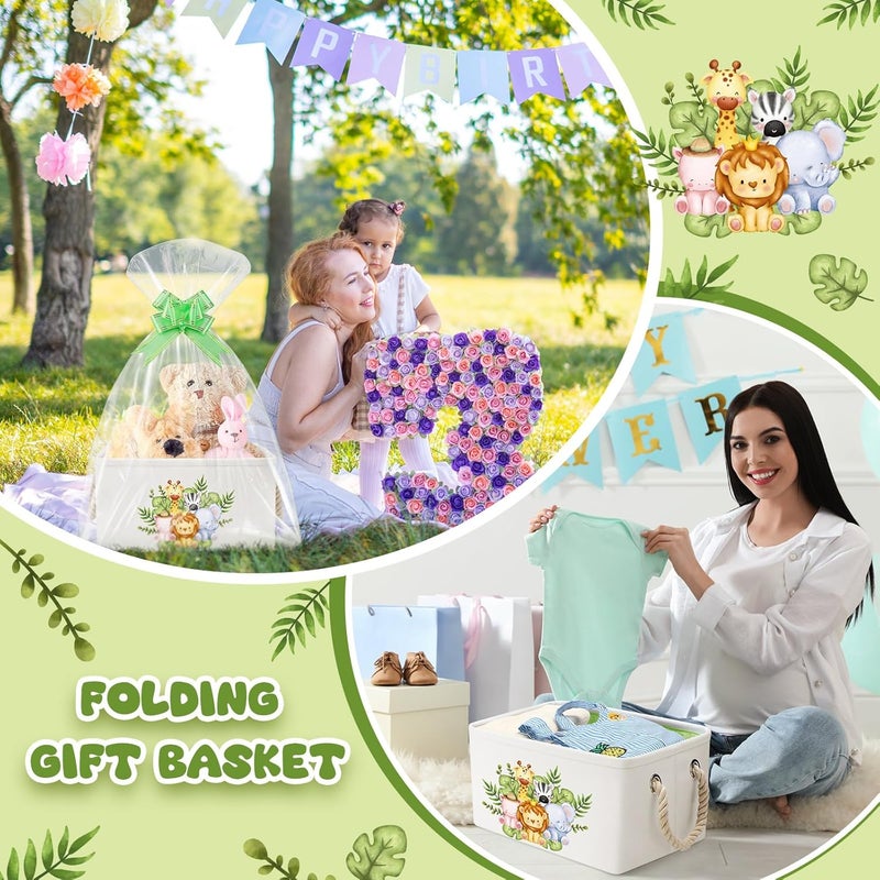 Pickmesh Baby Shower Storage Basket with Gift Bags Rectangular Ribbons Collapsible Canvas Storage Bin with Handles for Diaper Organizing Toy Home DIY Gift Basket 13 x 9 1 x 7 1 InchJungle Theme - Image 4