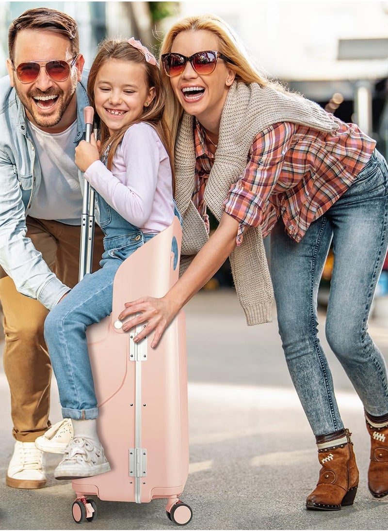 Moovant 20 Inch Kids Luggage with Concealed Child Seat, Anti-fall Removable Baby Back, Ride On Travel Suitcase for 2-15 Years Kids Boys Girls, Lockable 4-Spinner Wheels, TSA Approved Lock, PC Material, Pink  - Image 2