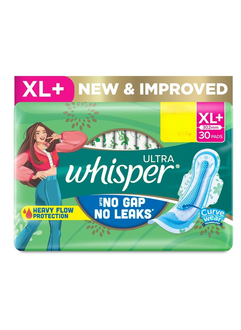 Whisper WHISPER ULTRA HYGIENE+COMFORT SANITARY PADS, 30 XL+ PADS, FOR HEAVY FLOW, LONG LASTING PROTECTION, LOCKS ODOUR & WETNESS, DRY TOP SHEET, DISPOSABLE WRAPPER  - Image 1