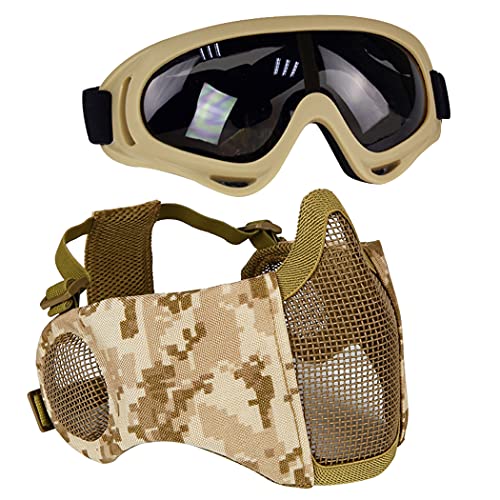 AOUTACC Airsoft Protective Gear Set, Half Face Mesh Mask with Ear Protection and Tactical Goggles for Adult Men Women BBS Paintball Shooting CS Survival Games Cosplay (DD) - Image 1