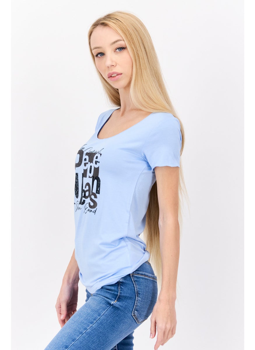 Pepe Jeans Women Scoop Neck Short Sleeve Brand Logo T Shirt, Light Blue  - Image 4