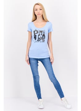 Pepe Jeans Women Scoop Neck Short Sleeve Brand Logo T Shirt, Light Blue  - Image 2