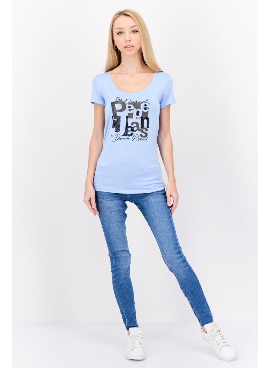Pepe Jeans Women Scoop Neck Short Sleeve Brand Logo T Shirt, Light Blue  - Image 2