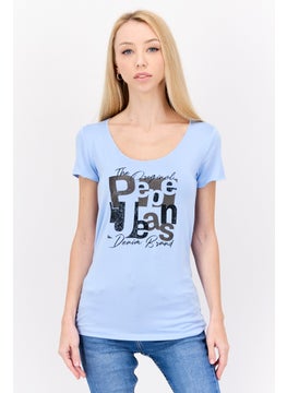 Pepe Jeans Women Scoop Neck Short Sleeve Brand Logo T Shirt, Light Blue  - Image 1