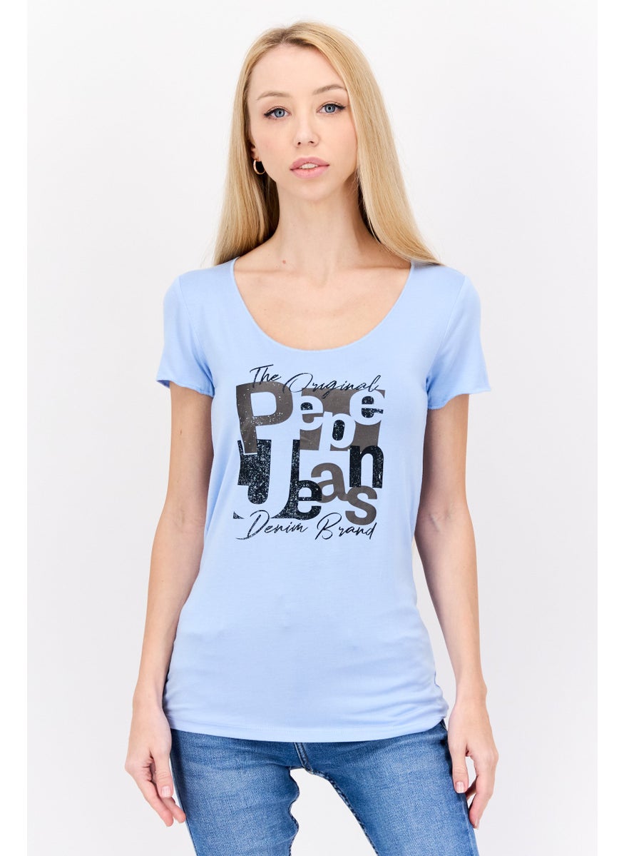 Pepe Jeans Women Scoop Neck Short Sleeve Brand Logo T Shirt, Light Blue  - Image 1