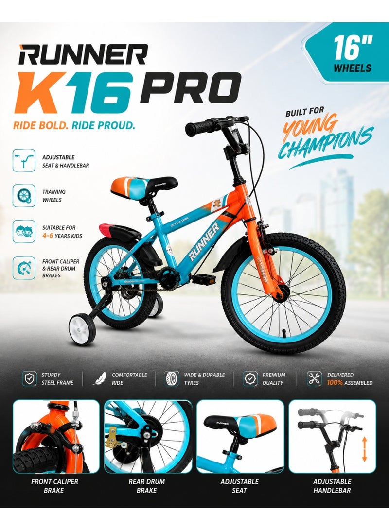 RUNNER K16 PRO Kids Bicycle 16 Inch Wheels with Training Wheels, Adjustable Seat & Handlebar, Front Caliper Brake & Rear Drum Brake, Fully Assembled Bicycle for Kids 4-6 Years - Image 2