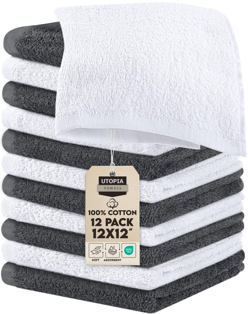 Utopia Towels 12 Pack Cotton Washcloths Set, 100% Ring Spun Cotton, Premium Flannel Face Cloths, Highly Absorbent and Soft Feel Fingertip Towels, Grey, White - Image 1
