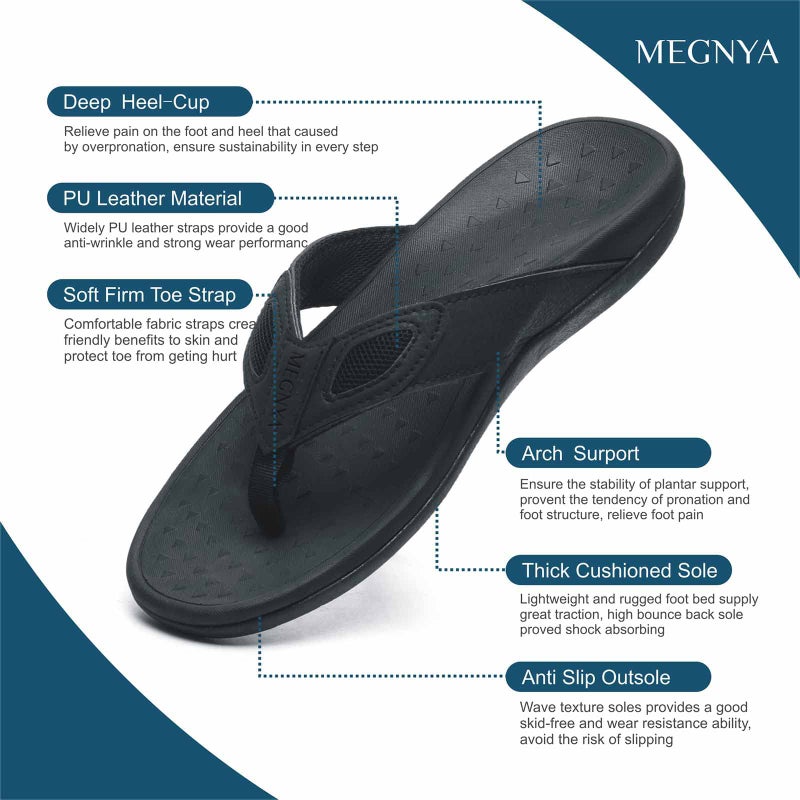MEGNYA صنادل جلدية للرجال MEGNYA مع دعم قوس القدم للأقدام المسطحة، شباشب رياضية قابلة للاستخدام الداخلي والخارجي، صيفية، شاطئية، باللون الأسود النقي، مقاس 12 - Image 5