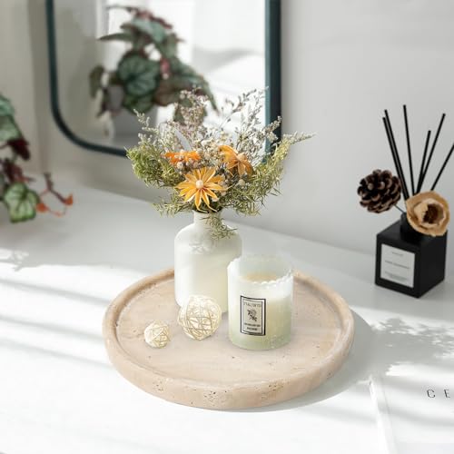 XINFUHUA Travertine Tray, Small Ceramic Vanity Tray for Bathroom Counter Decor, Round Marble Decorative Trays for Coffee Table (Beige, Medium Size) - Image 4