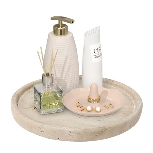 XINFUHUA Travertine Tray, Small Ceramic Vanity Tray for Bathroom Counter Decor, Round Marble Decorative Trays for Coffee Table (Beige, Medium Size) - Image 1