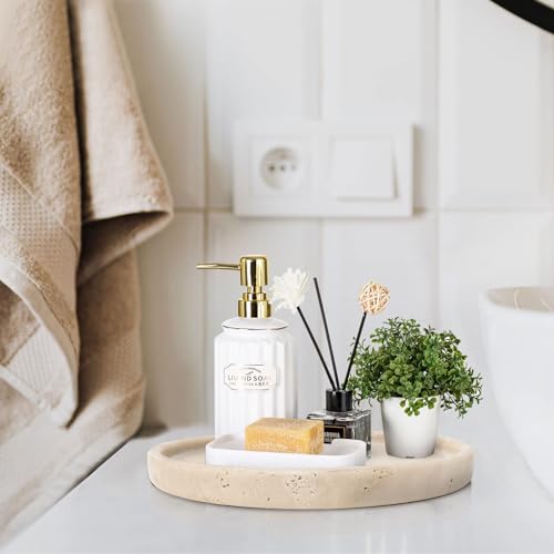 XINFUHUA Travertine Tray, Small Ceramic Vanity Tray for Bathroom Counter Decor, Round Marble Decorative Trays for Coffee Table (Beige, Medium Size) - Image 5