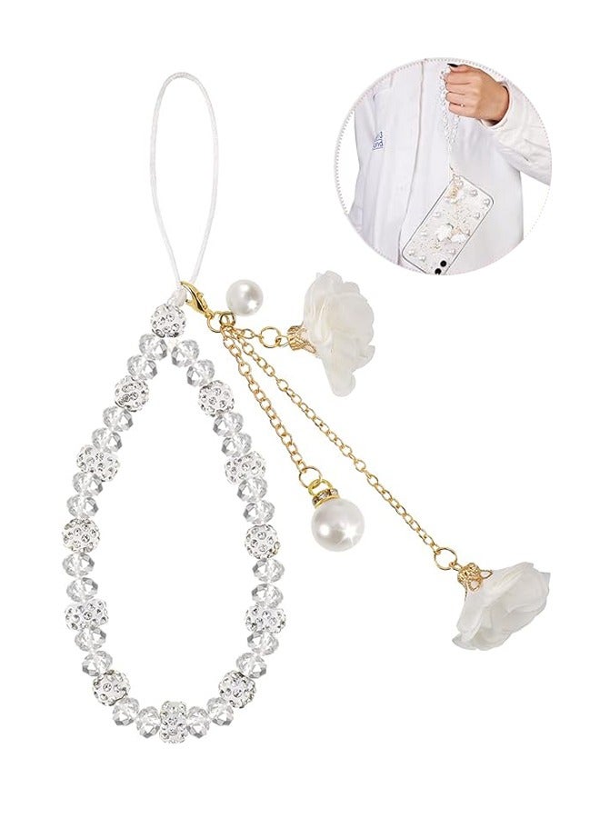 Beaded Phone Lanyard, Anti Lost Removable Wrist Strap, Gypsum Flower Bracelet Pendant, Phone Keychain Lanyard, White ﻿ - Image 1