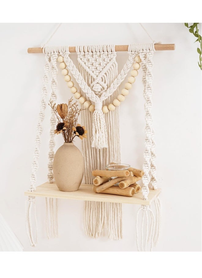 Macrame Wall Hanging Shelf, Handmade Boho Decor Wood Floating Shelf for Bedroom Living Room Nursery Bathroom, Handmade Woven Rope Storage Organizer Rack for Photo Frames Plant Display