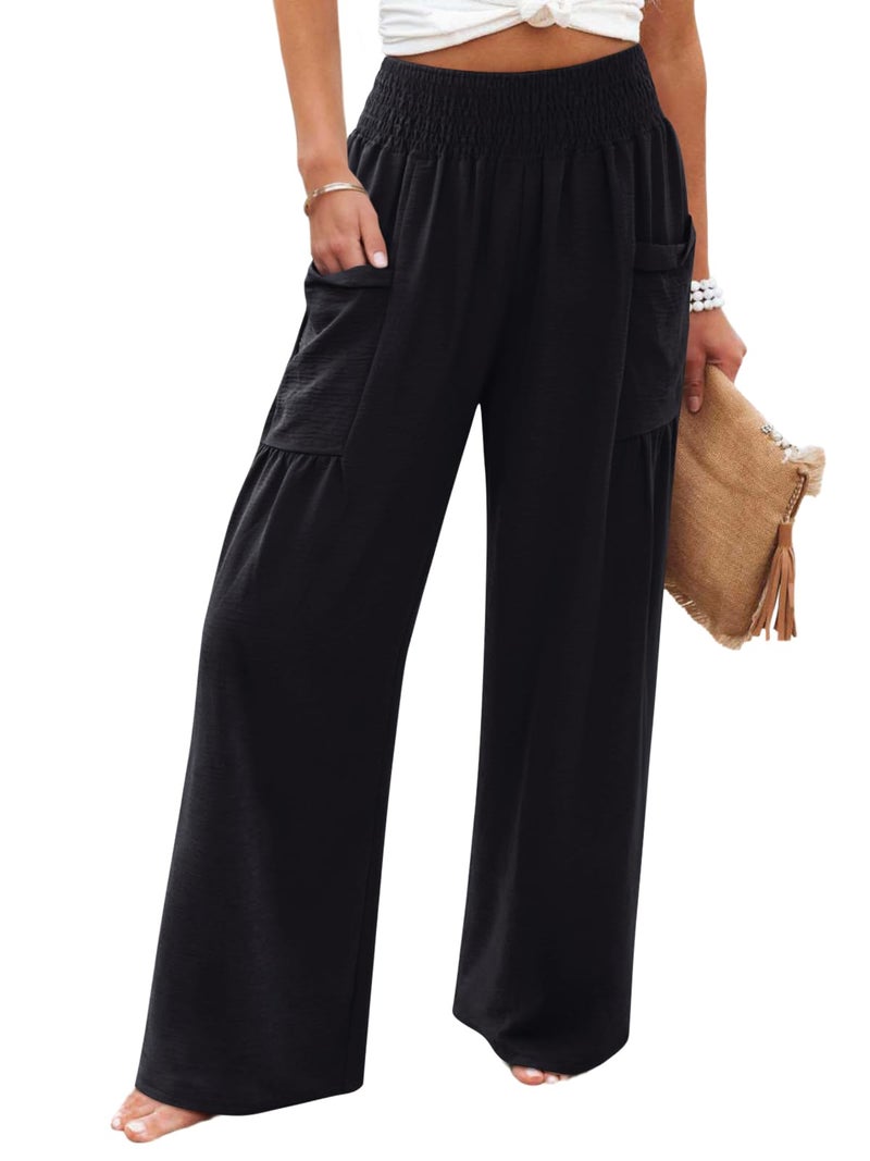 NIMIN Women Palazzo Pants Wide Leg High Waisted Pants Black 2026 Summer Flowy Beach Vacation Travel Outfits with Pockets - Image 1