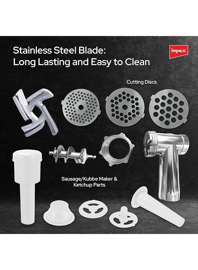 Impex Meat Grinder 1200 Watts Power Mincer With Reverse Function Stainless Blade And 3 Cutting Plates Sausage And Kubbe Attachments And Food Pusher 2 Years Mg 3807 - Image 4