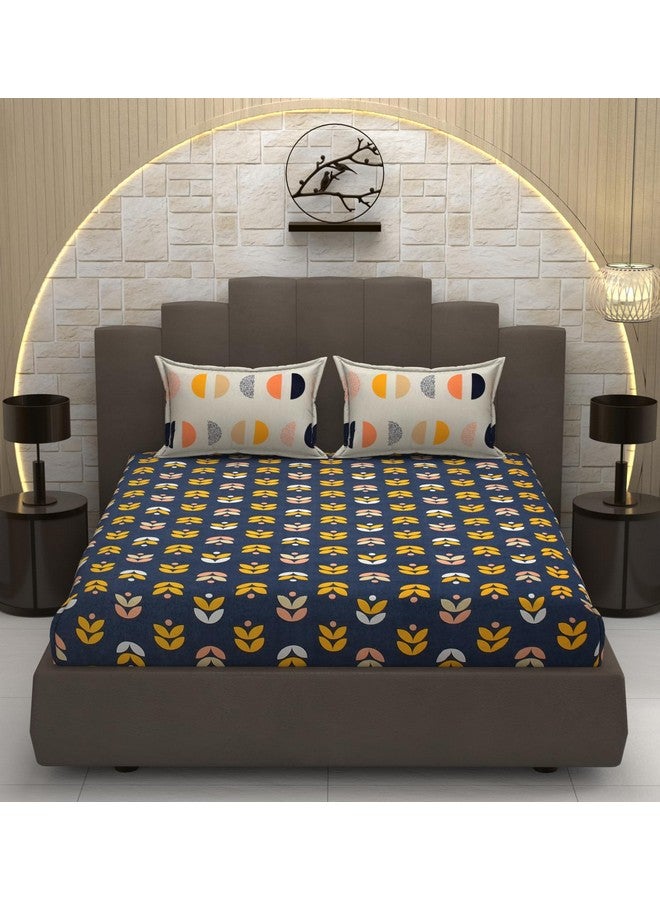 TIB Presents Luxurious Glace Cotton Super Soft 210 TC Elastic Fitted Bedsheets King Size (78X72X10 Inch) 360° with 2 Pillow Covers, 45x70 cm (Blue, Coordinate King Fitted) - Image 1