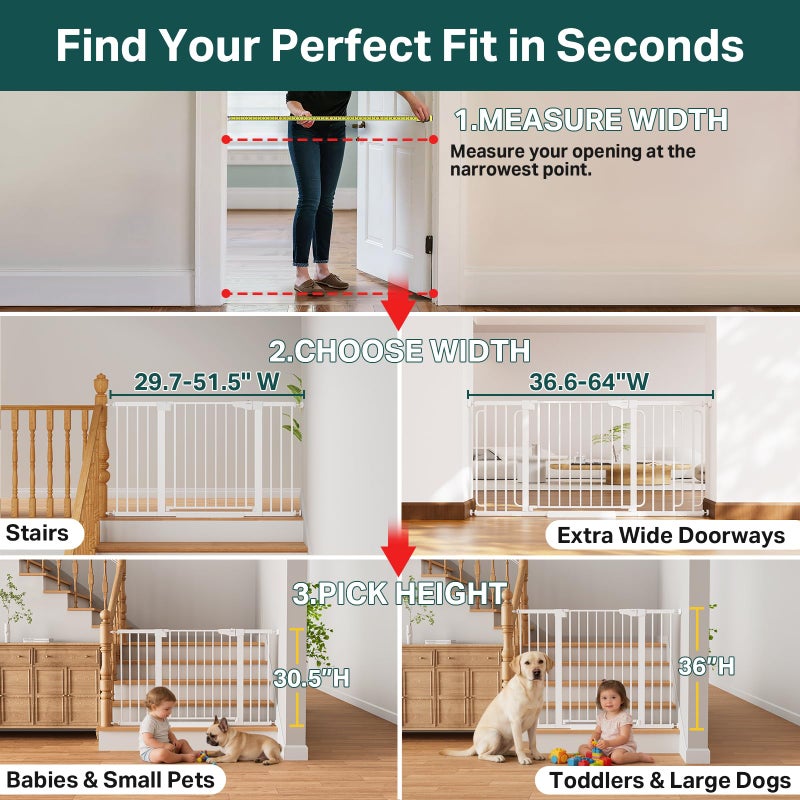 Cumbor 29.7â€“51.5" Extra Wide Baby Gate for Stairs, Pressure-Mounted Dog Gates for Doorways & Hallways, Auto-Close Walk-Through, No-Trip Design, Child Proof Safety, Dog/Pet Gate for Indoor Use, White - Image 2