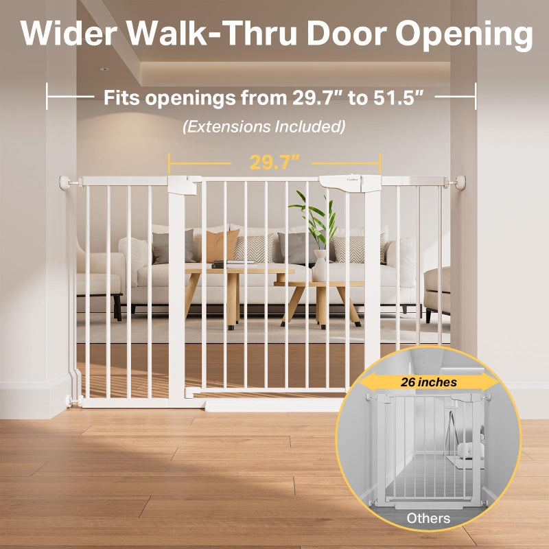 Cumbor 29.7â€“51.5" Extra Wide Baby Gate for Stairs, Pressure-Mounted Dog Gates for Doorways & Hallways, Auto-Close Walk-Through, No-Trip Design, Child Proof Safety, Dog/Pet Gate for Indoor Use, White - Image 3