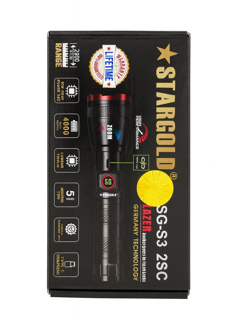 STARGOLD SG-S3 Rechargeable Flashlight | 2SC Pack | 2000m Range | 4000mAh | Type-C Charging - Image 1