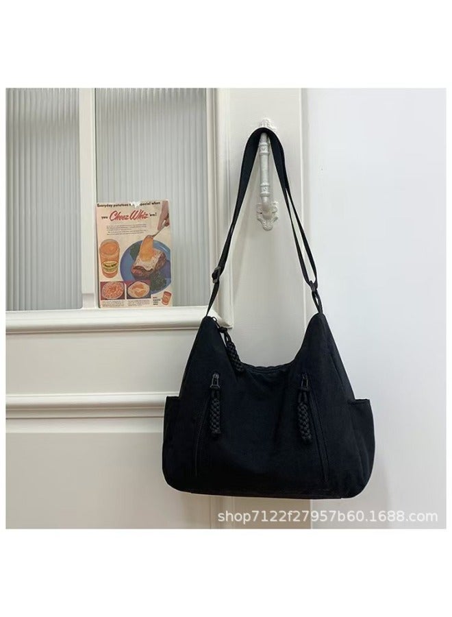 Nylon Cloth Bag Female Student Class Crossbody Bag Large Capacity Commuting Waterproof Cloth Bag Simple All-match Shoulder Bag-Color:Black  - Image 1