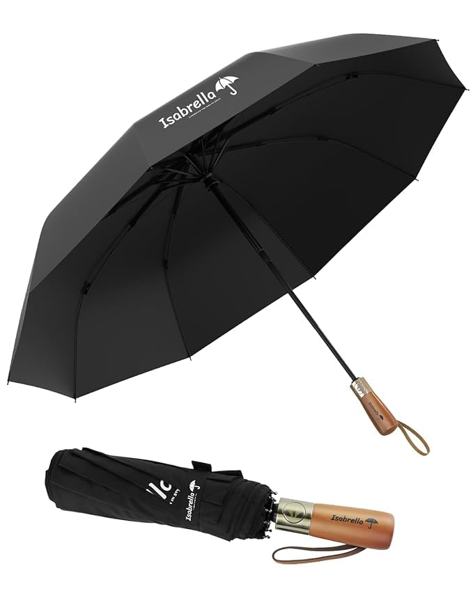 ISABRELLA SABRELLA Wooden Handle Umbrella for Men, 3-Fold, Windproof & Waterproof, 10 Ribs Compact Travel Umbrella for Rain and Outdoor Use - Image 1