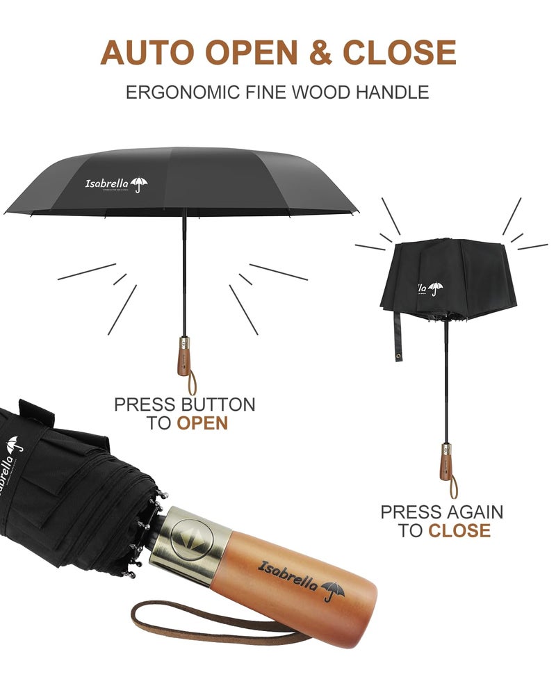 ISABRELLA SABRELLA Wooden Handle Umbrella for Men, 3-Fold, Windproof & Waterproof, 10 Ribs Compact Travel Umbrella for Rain and Outdoor Use - Image 3