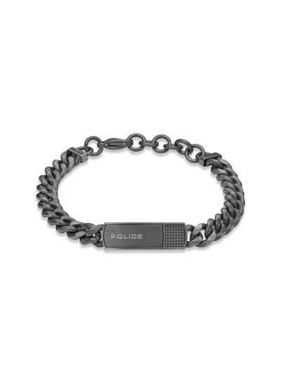 POLICE Identity Bracelet in IP Grey Bold Gauge Links with Brushed Antique Charm, Textured Studded Design