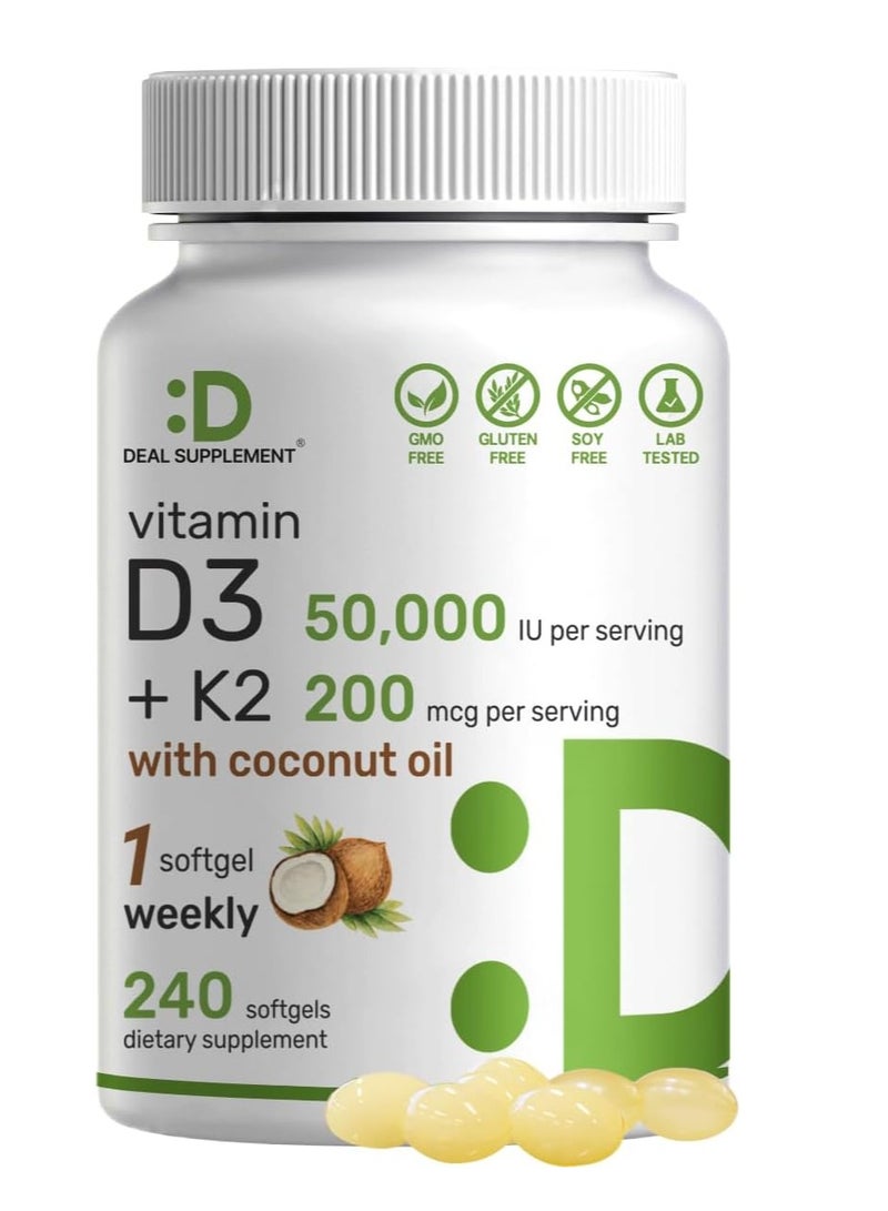 ملحق الصفقة فيتامين د3 50000 وحدة دولية + ك2 MK7 200 ميكروجرام 240 كبسولة هلامية - Image 1