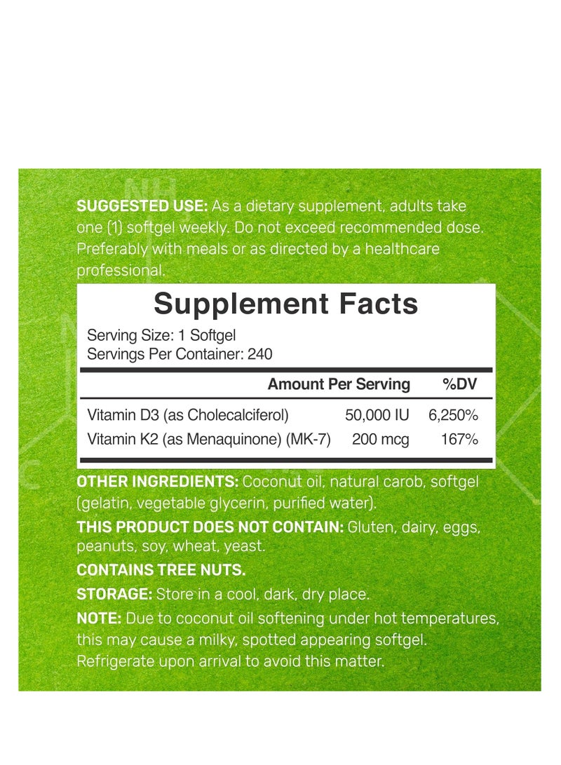 ملحق الصفقة فيتامين د3 50000 وحدة دولية + ك2 MK7 200 ميكروجرام 240 كبسولة هلامية - Image 2