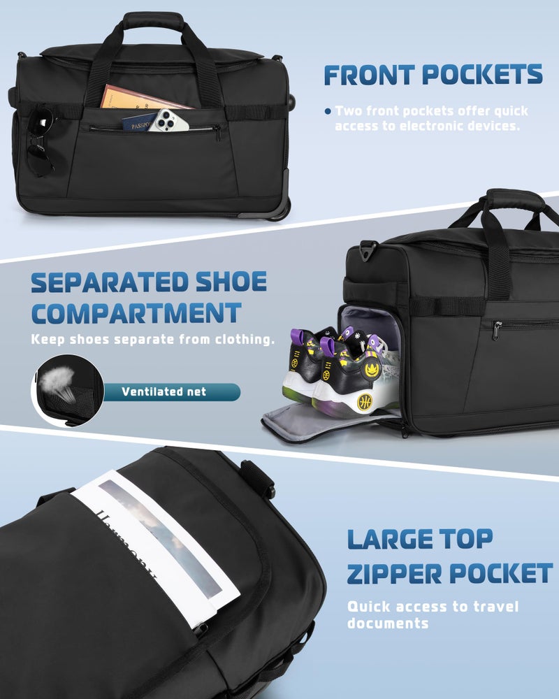 Smasrob 33L Rolling Duffle Bag with Wheels, Shoe Compartment and Wet Pocket, 21â€ Carry On Bag with Crossbody Strap, Black - Image 4