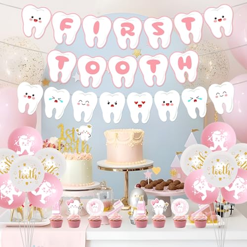 Merrystorm First Tooth Theme Party Decorations Pink Dental Theme Party Decorations First Tooth Banner Teeth Theme Banner Garland Cake and Cupcake Toppers for Girls First Tooth Party Decor Supplies - Image 3