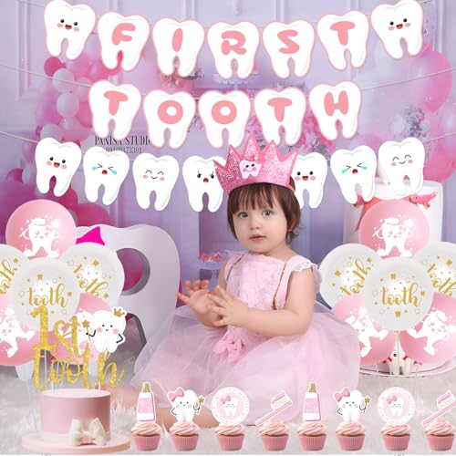 Merrystorm First Tooth Theme Party Decorations Pink Dental Theme Party Decorations First Tooth Banner Teeth Theme Banner Garland Cake and Cupcake Toppers for Girls First Tooth Party Decor Supplies - Image 4