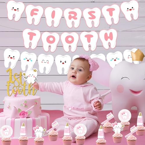 Merrystorm First Tooth Theme Party Decorations Pink Dental Theme Party Decorations First Tooth Banner Teeth Theme Banner Garland Cake and Cupcake Toppers for Girls First Tooth Party Decor Supplies - Image 5