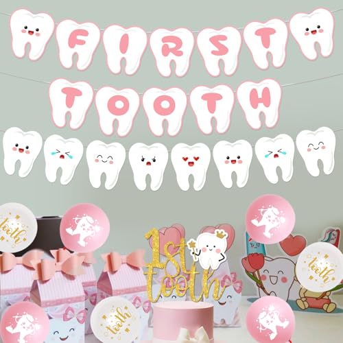 Merrystorm First Tooth Theme Party Decorations Pink Dental Theme Party Decorations First Tooth Banner Teeth Theme Banner Garland Cake and Cupcake Toppers for Girls First Tooth Party Decor Supplies - Image 2