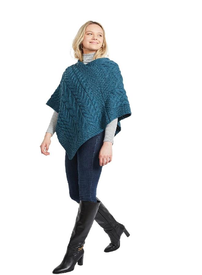 Aran Woollen Mills Super Soft Merino Wool Triangular Aran Cable Knit Design Poncho, Blue Colour  - Image 1