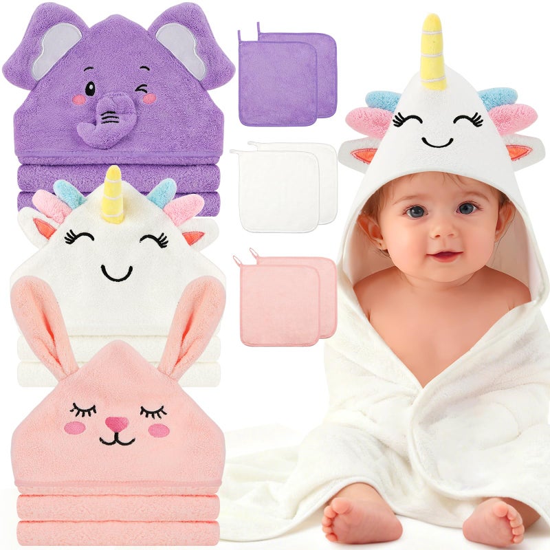 OFUSUY 9 PCS Baby Towels, 3 PCS Soft Hooded Baby Towels & 6 PCS Washcloths, Baby Bath Towels for Newborns, Infants & Toddlers- Coral Fleece, Soft & Ultra Absorbent, Cute Towel Gift for Girls & Boys - Image 1