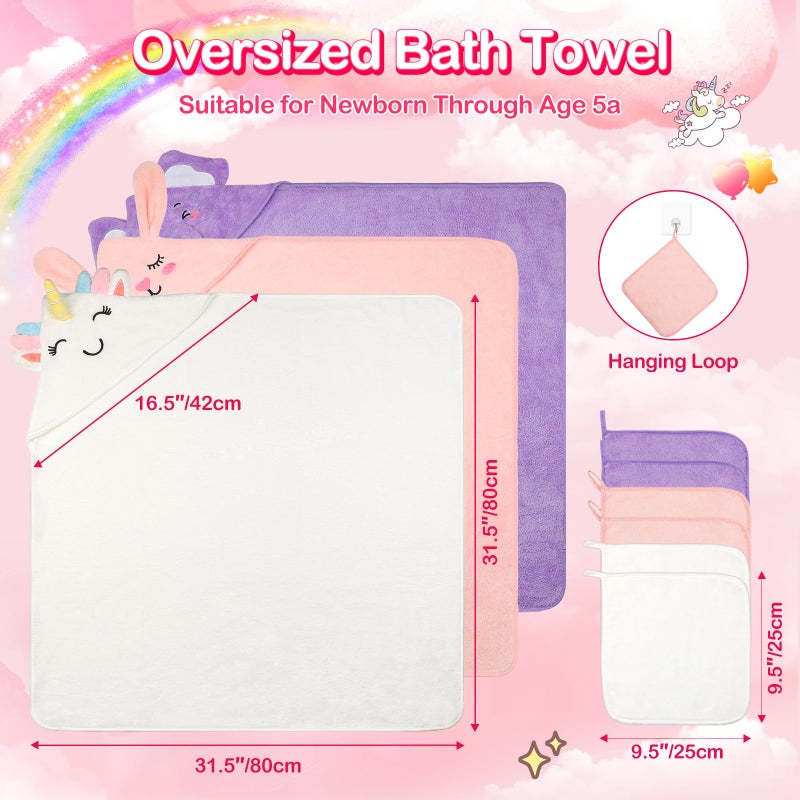 OFUSUY 9 PCS Baby Towels, 3 PCS Soft Hooded Baby Towels & 6 PCS Washcloths, Baby Bath Towels for Newborns, Infants & Toddlers- Coral Fleece, Soft & Ultra Absorbent, Cute Towel Gift for Girls & Boys - Image 2