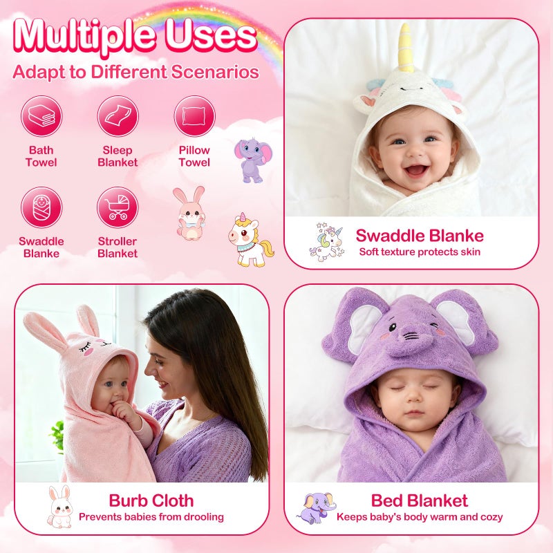 OFUSUY 9 PCS Baby Towels, 3 PCS Soft Hooded Baby Towels & 6 PCS Washcloths, Baby Bath Towels for Newborns, Infants & Toddlers- Coral Fleece, Soft & Ultra Absorbent, Cute Towel Gift for Girls & Boys - Image 4